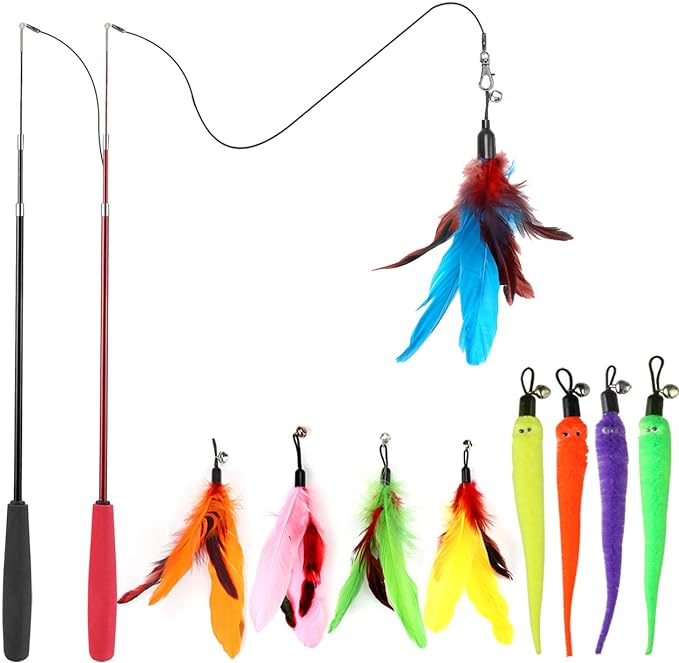 Interactive feather wand toy with colorful feathers